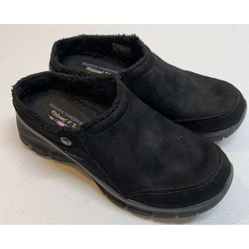 Skechers Womens 9 Easy Going Faux Fur Clogs Mules Black Memory Foam